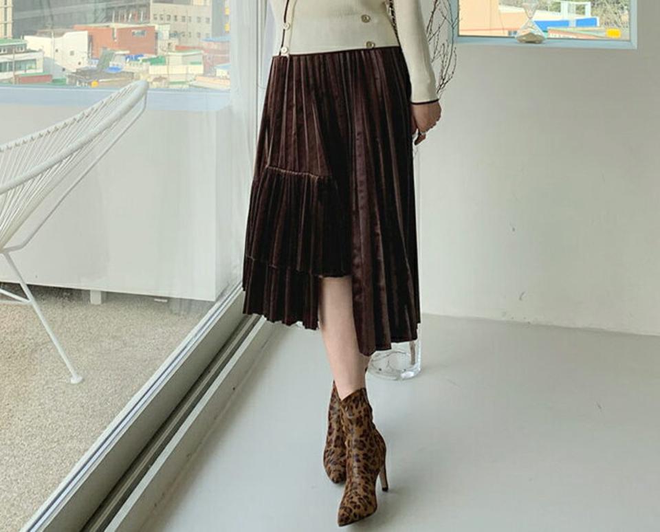 ベロアアンバランススカート・全2色・e66173 レディース 【sk】 スカート ロング ロングスカート アンバランス ベロア プリーツ プリーツスカート 上品 大人 ウエストゴム 秋 冬 韓国 ファッション ハイホリHIHOLLI
