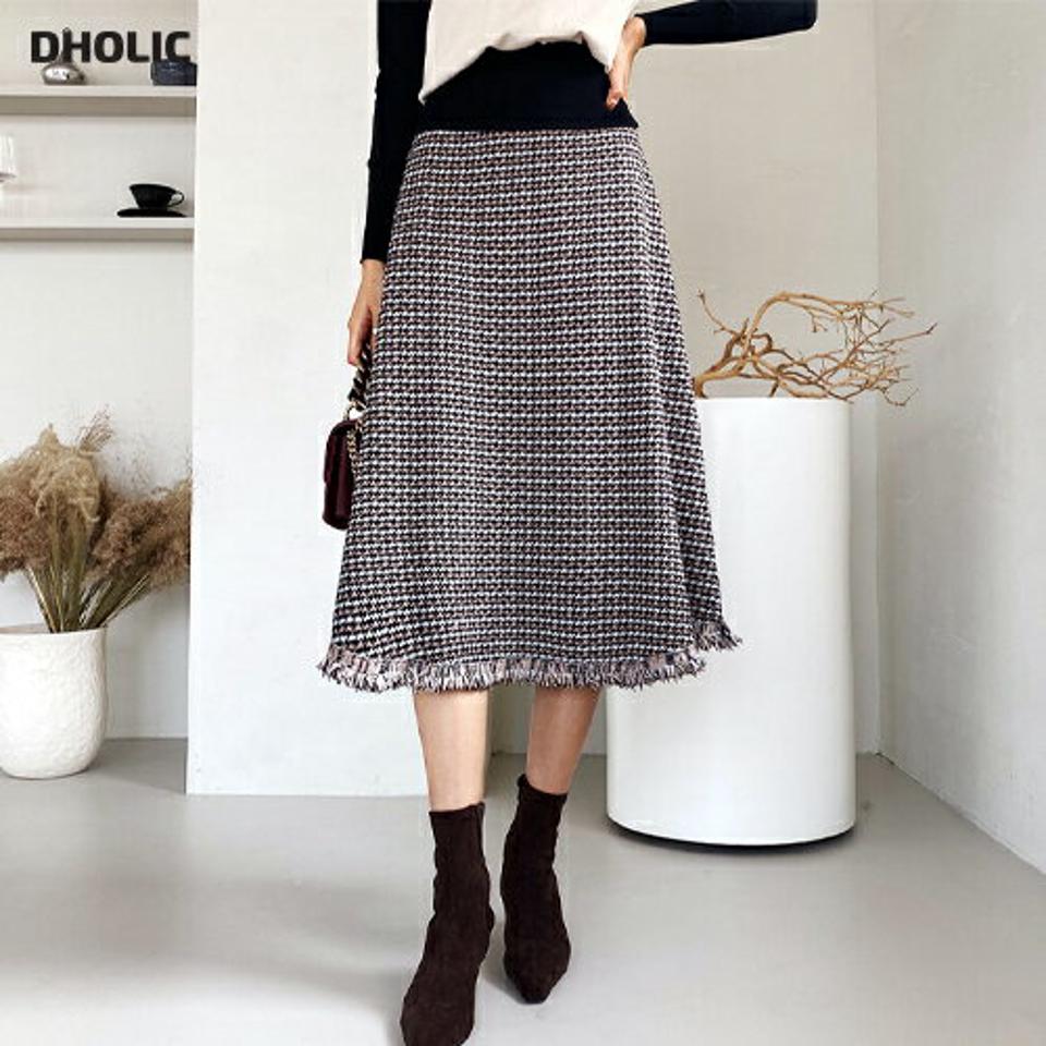 ハウンドトゥーススカート・全3色・b66175 レディース 【sk】【スカート ミディ丈 ミディスカート ハウンドトゥース 千鳥格子 千鳥柄 チェック柄 フリンジ ウエストゴム Aライン 上品 大人 秋 冬 韓国 ファッション】【ハイホリHIHOLLI】