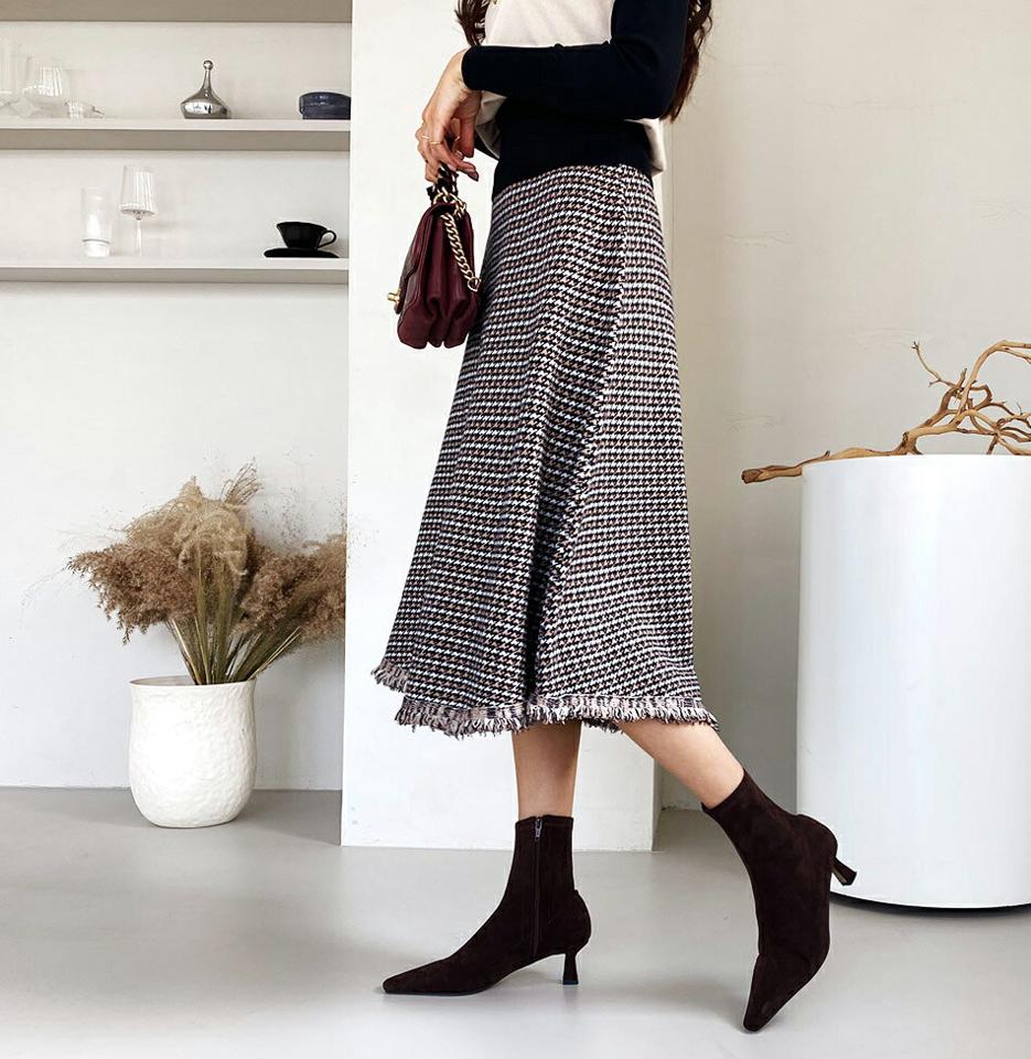 ハウンドトゥーススカート・全3色・b66175 レディース 【sk】【スカート ミディ丈 ミディスカート ハウンドトゥース 千鳥格子 千鳥柄 チェック柄 フリンジ ウエストゴム Aライン 上品 大人 秋 冬 韓国 ファッション】【ハイホリHIHOLLI】