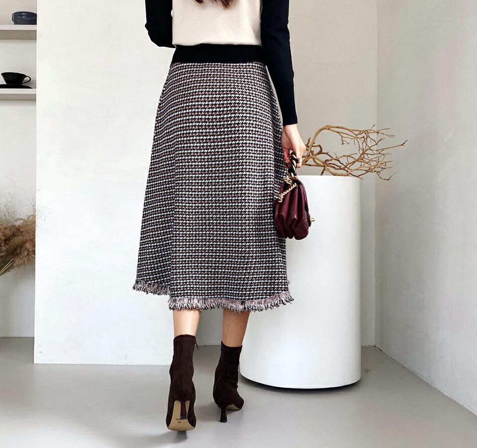 ハウンドトゥーススカート・全3色・b66175 レディース 【sk】【スカート ミディ丈 ミディスカート ハウンドトゥース 千鳥格子 千鳥柄 チェック柄 フリンジ ウエストゴム Aライン 上品 大人 秋 冬 韓国 ファッション】【ハイホリHIHOLLI】