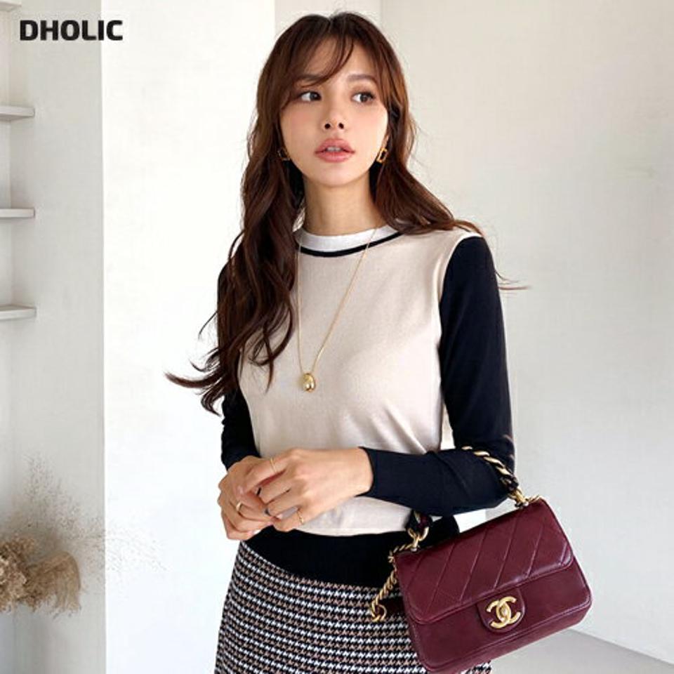 配色ラウンドニット・全2色・b66157 レディース 【tops】【トップス ニット ニットトップス 長袖 ラウンドネック 配色 大人 モダン 上品 秋 冬 韓国 ファッション】【ハイホリHIHOLLI】