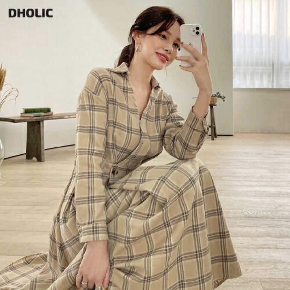 チェックラップワンピース・全2色・b66163 レディース 【ops】【ワンピース ロング ロングワンピース 長袖 チェック柄 ラップワンピース ラップデザイン カジュアル Vネック フレア 秋 冬 韓国 ファッション】【ハイホリHIHOLLI】