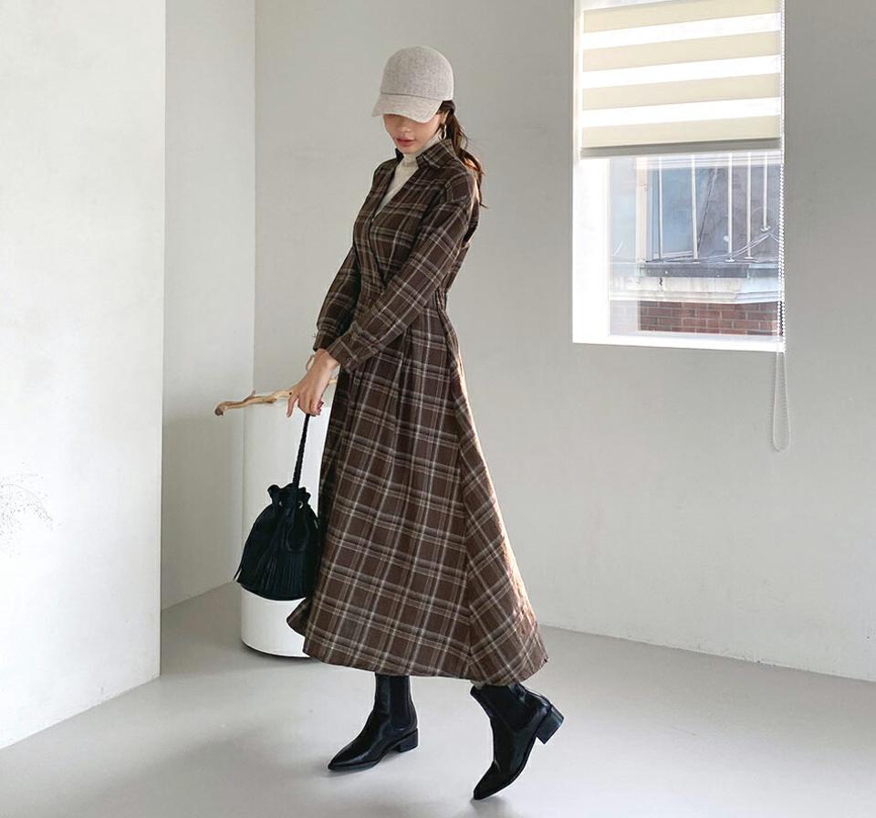 チェックラップワンピース・全2色・b66163 レディース 【ops】【ワンピース ロング ロングワンピース 長袖 チェック柄 ラップワンピース ラップデザイン カジュアル Vネック フレア 秋 冬 韓国 ファッション】【ハイホリHIHOLLI】