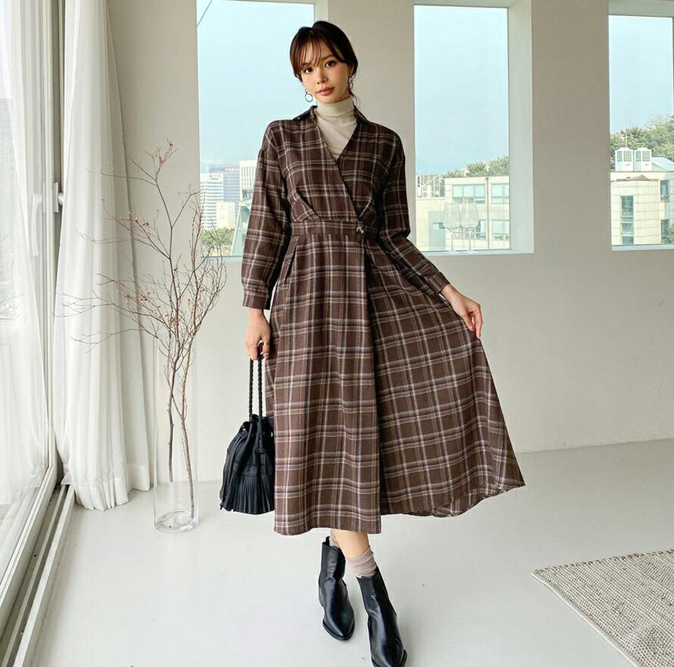 チェックラップワンピース・全2色・b66163 レディース 【ops】【ワンピース ロング ロングワンピース 長袖 チェック柄 ラップワンピース ラップデザイン カジュアル Vネック フレア 秋 冬 韓国 ファッション】【ハイホリHIHOLLI】