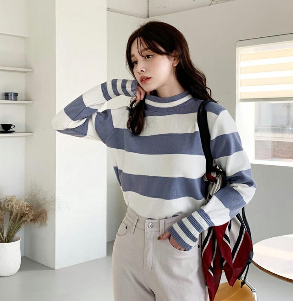 ハーフネックボーダーニット・全3色・b66153 レディース 【tops】【トップス ニット ニットトップス 長袖 ボーダー柄 ハーフネック カジュアル ラフ 秋 冬 韓国 ファッション】【ハイホリHIHOLLI】