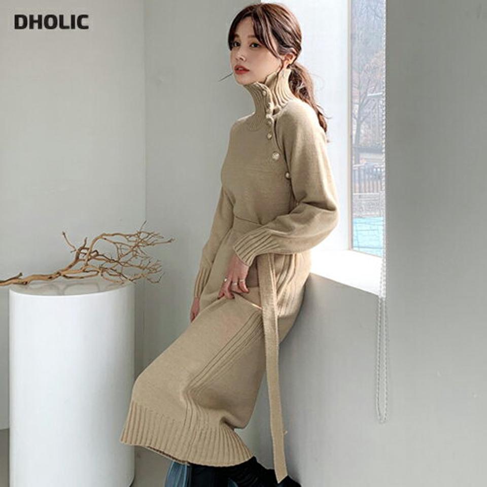 ハイネックダイアゴナルワンピース・全2色・b66165 レディース 【ops】【ワンピース ロング ロングワンピース ダイアゴナル ハイネック 長袖 ゴールドボタン ニット ニットワンピース カジュアル 秋 冬 韓国 ファッション】【ハイホリHIHOLLI】