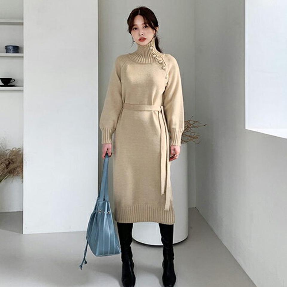 ハイネックダイアゴナルワンピース・全2色・b66165 レディース 【ops】【ワンピース ロング ロングワンピース ダイアゴナル ハイネック 長袖 ゴールドボタン ニット ニットワンピース カジュアル 秋 冬 韓国 ファッション】【ハイホリHIHOLLI】