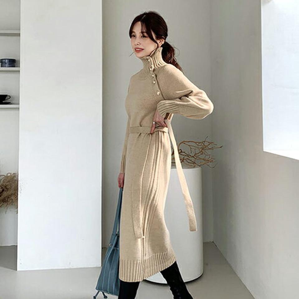 ハイネックダイアゴナルワンピース・全2色・b66165 レディース 【ops】【ワンピース ロング ロングワンピース ダイアゴナル ハイネック 長袖 ゴールドボタン ニット ニットワンピース カジュアル 秋 冬 韓国 ファッション】【ハイホリHIHOLLI】