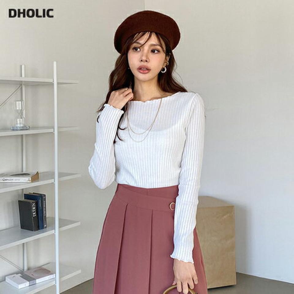 ボートネックリブTシャツ・全4色・t66150 レディース 【tops】【トップス Tシャツ リブ リブトップス ボートネック 単色 シンプル カジュアル 大人 デコルテ 鎖骨 ウェーブヘム かわいい 可愛い 秋 冬 韓国 ファッション】【ハイホリHIHOLLI】