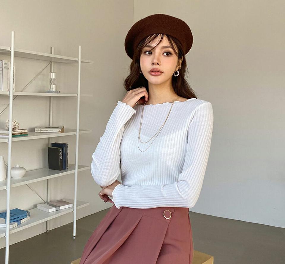 ボートネックリブTシャツ・全4色・t66150 レディース 【tops】【トップス Tシャツ リブ リブトップス ボートネック 単色 シンプル カジュアル 大人 デコルテ 鎖骨 ウェーブヘム かわいい 可愛い 秋 冬 韓国 ファッション】【ハイホリHIHOLLI】
