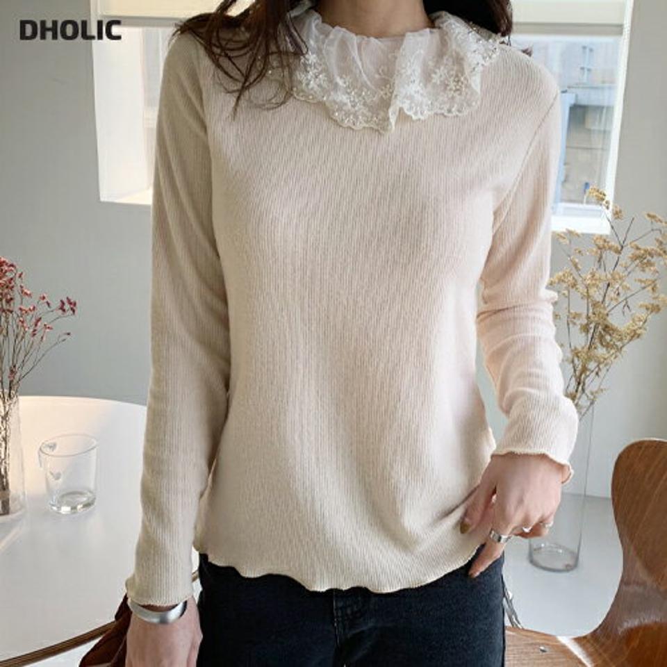 レースネックリブTシャツ・全4色・t66148 レディース 【tops】【トップス Tシャツ 長袖 リブ リブトップス レースネック 襟コンシャス レース フェミニン シンプル 秋 冬 韓国 ファッション】【ハイホリHIHOLLI】