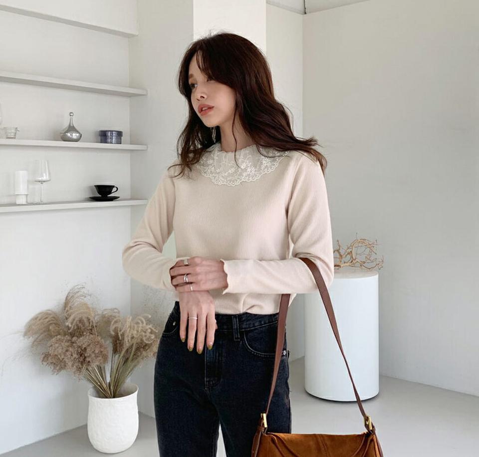 レースネックリブTシャツ・全4色・t66148 レディース 【tops】【トップス Tシャツ 長袖 リブ リブトップス レースネック 襟コンシャス レース フェミニン シンプル 秋 冬 韓国 ファッション】【ハイホリHIHOLLI】