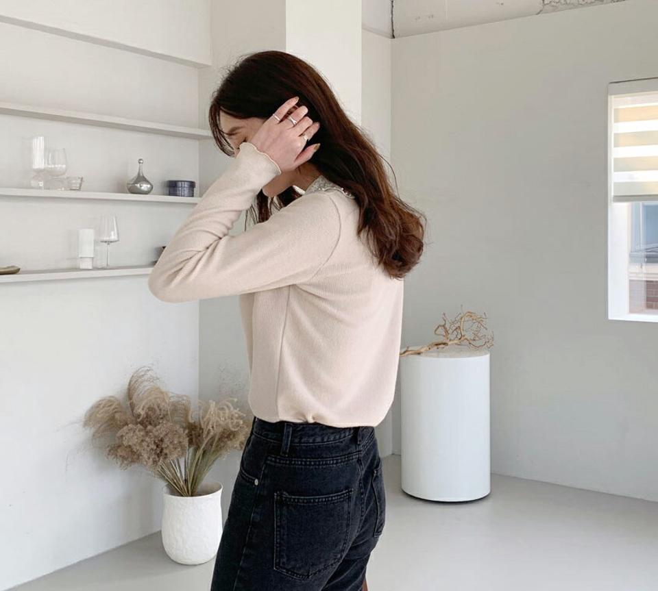レースネックリブTシャツ・全4色・t66148 レディース 【tops】【トップス Tシャツ 長袖 リブ リブトップス レースネック 襟コンシャス レース フェミニン シンプル 秋 冬 韓国 ファッション】【ハイホリHIHOLLI】