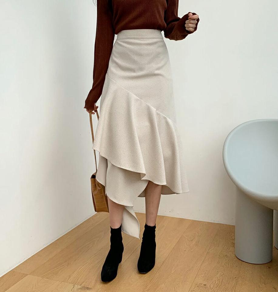 ドットラッフルスカート・全2色・t64753 レディース 【sk】【韓国 ファッション ボトムス スカート ロング ロングスカート ドット ラッフル ゆったり アンバランス バックゴム サイドジップ 体型カバー 上品 カジュアル 秋 冬】