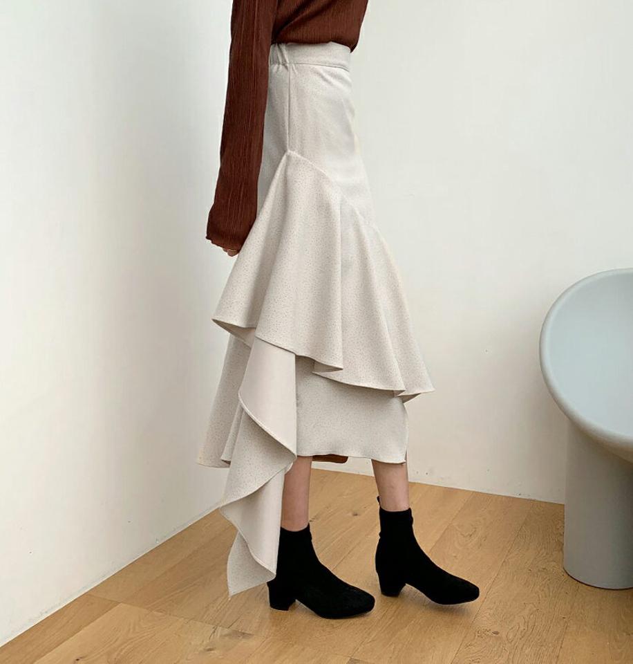 ドットラッフルスカート・全2色・t64753 レディース 【sk】【韓国 ファッション ボトムス スカート ロング ロングスカート ドット ラッフル ゆったり アンバランス バックゴム サイドジップ 体型カバー 上品 カジュアル 秋 冬】
