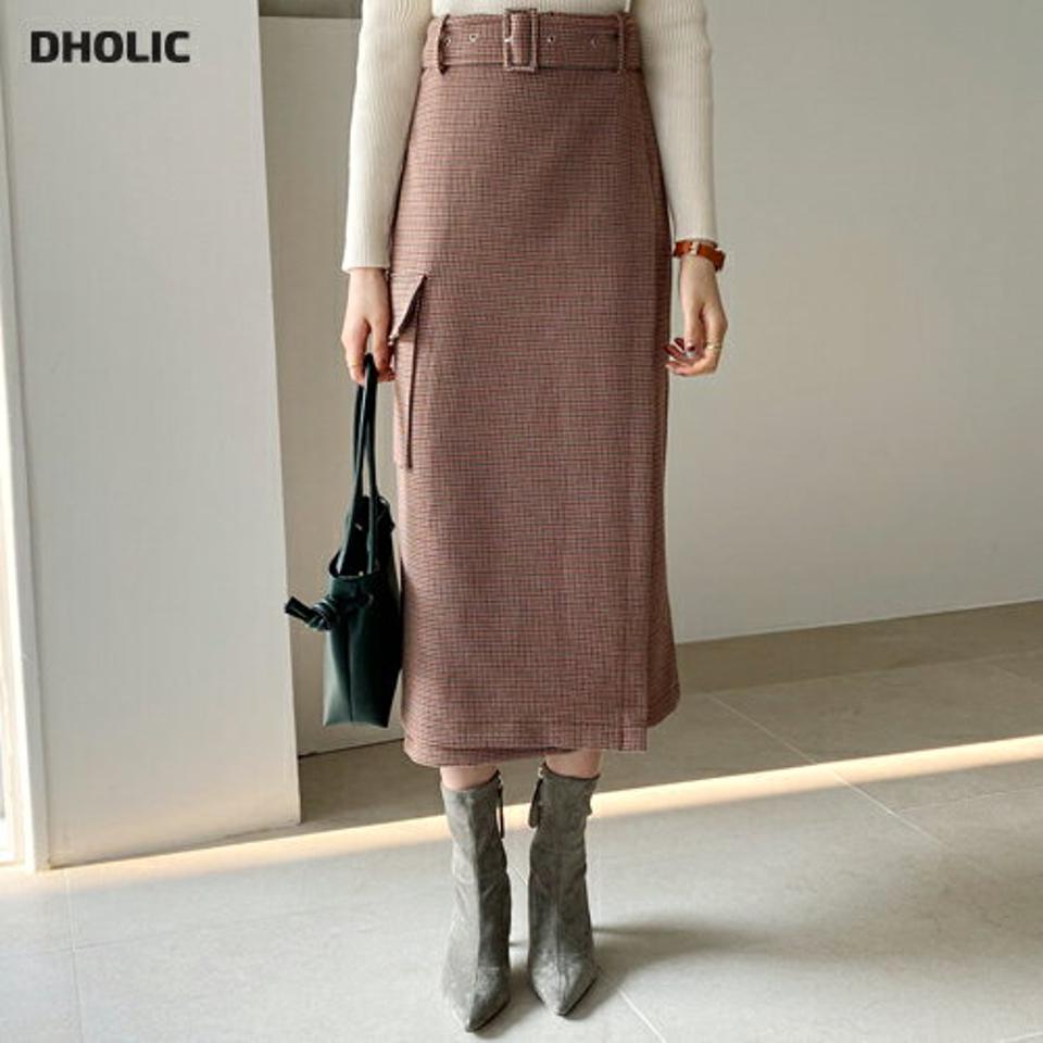 ベルト付ハウンドトゥーススカート・全2色・t64746 レディース 【sk】【韓国 ファッション ボトムス スカート ロング ロングカート ベルト ハウンドトゥース シック チェック パターン Hライン ラップ ポケット ベルトループ カジュアル 秋 冬】