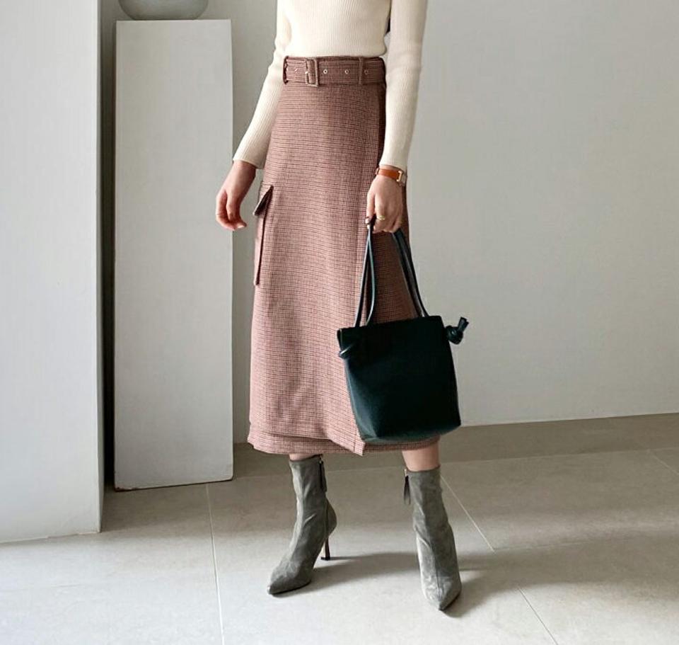 ベルト付ハウンドトゥーススカート・全2色・t64746 レディース 【sk】【韓国 ファッション ボトムス スカート ロング ロングカート ベルト ハウンドトゥース シック チェック パターン Hライン ラップ ポケット ベルトループ カジュアル 秋 冬】