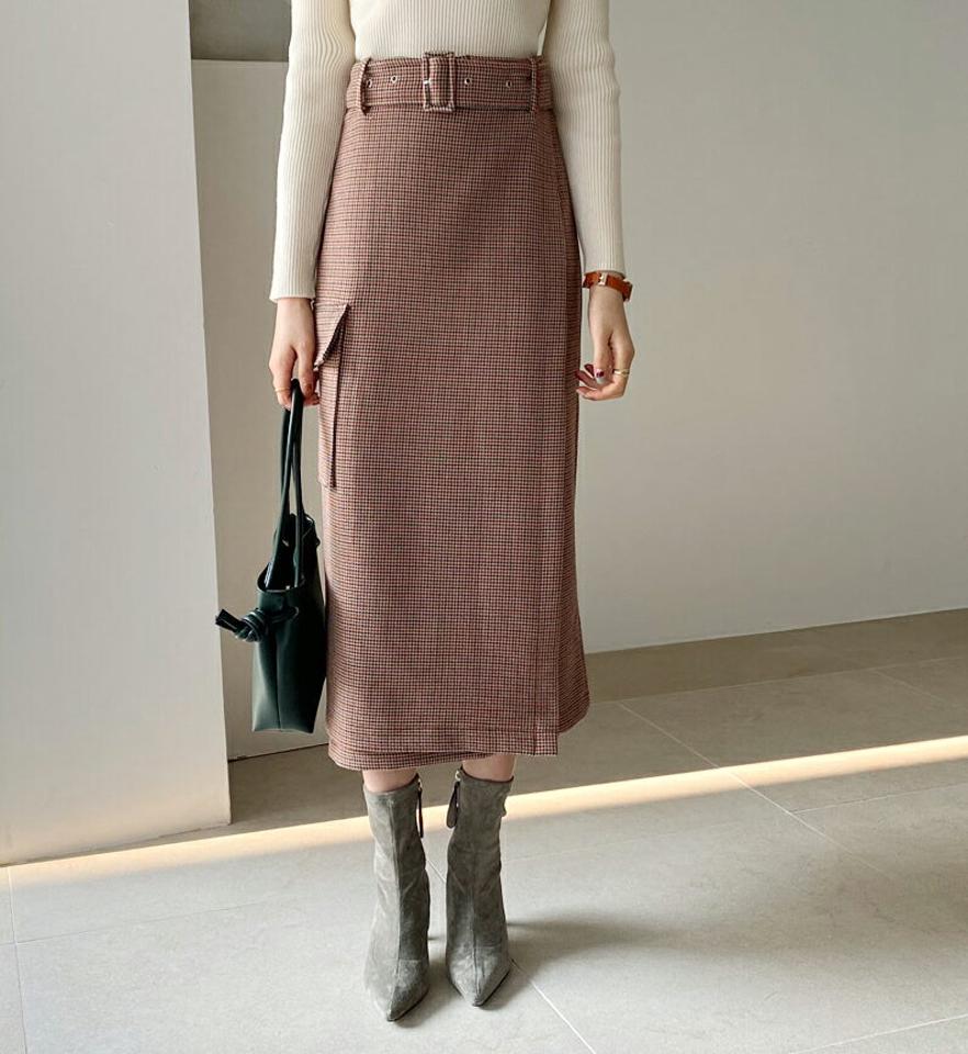 ベルト付ハウンドトゥーススカート・全2色・t64746 レディース 【sk】【韓国 ファッション ボトムス スカート ロング ロングカート ベルト ハウンドトゥース シック チェック パターン Hライン ラップ ポケット ベルトループ カジュアル 秋 冬】