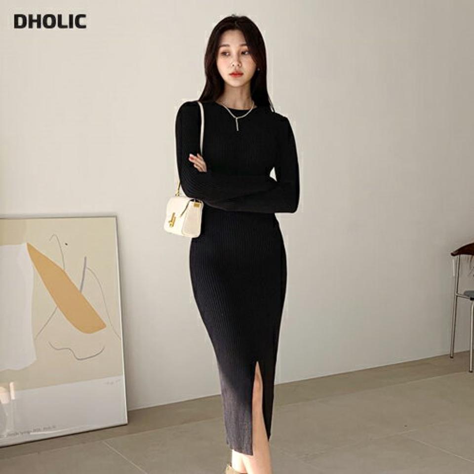 スリットリブニットワンピース・全2色・b64756 レディース 【ops】【韓国 ファッション ワンピース ロング ロングワンピース 体型カバー スリット リブニット リブ スリット スリム フィット シンプル ベーシック カジュアル 秋 冬】