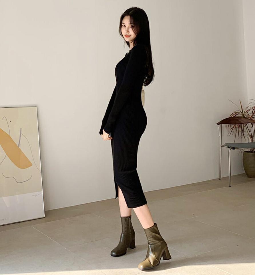 スリットリブニットワンピース・全2色・b64756 レディース 【ops】【韓国 ファッション ワンピース ロング ロングワンピース 体型カバー スリット リブニット リブ スリット スリム フィット シンプル ベーシック カジュアル 秋 冬】