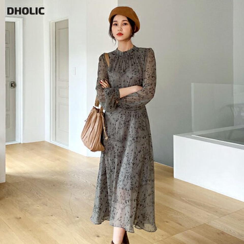 花柄ウエストリボンワンピース・全3色・t64757 レディース 【ops】【韓国 ファッション ワンピース ロング ロングワンピース 花柄 ウエストリボン ラブリー フローラル ハーフネック バックファスナー ボタン ウエスト リボン Aライン カジュアル 秋 冬】