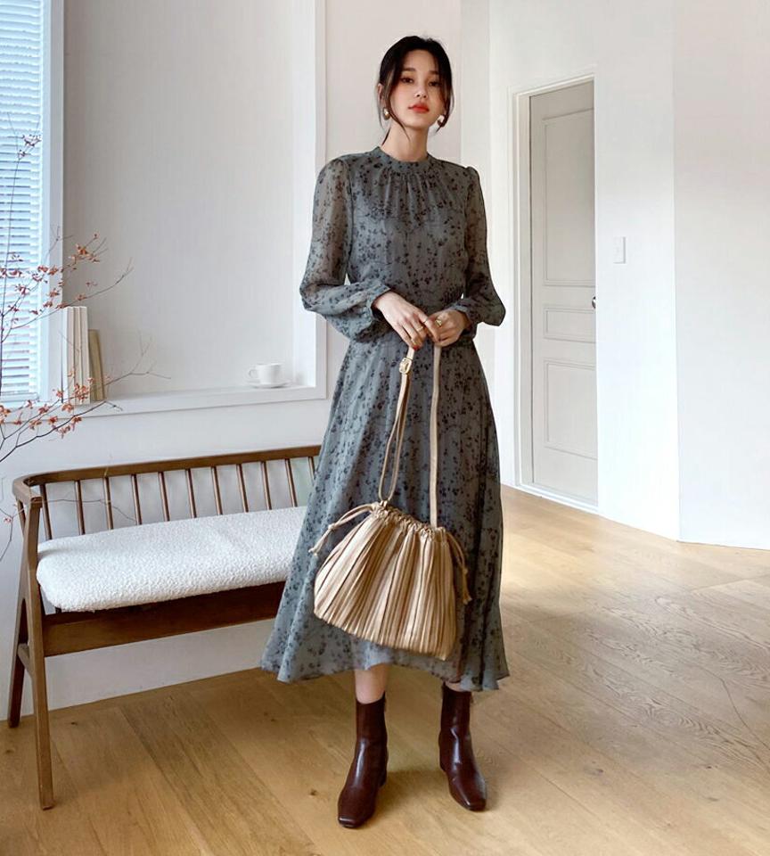 花柄ウエストリボンワンピース・全3色・t64757 レディース 【ops】【韓国 ファッション ワンピース ロング ロングワンピース 花柄 ウエストリボン ラブリー フローラル ハーフネック バックファスナー ボタン ウエスト リボン Aライン カジュアル 秋 冬】