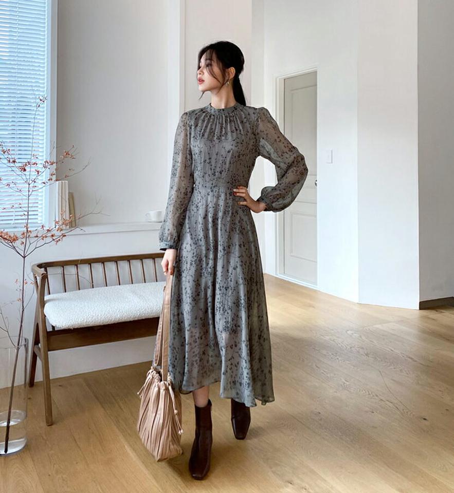 花柄ウエストリボンワンピース・全3色・t64757 レディース 【ops】【韓国 ファッション ワンピース ロング ロングワンピース 花柄 ウエストリボン ラブリー フローラル ハーフネック バックファスナー ボタン ウエスト リボン Aライン カジュアル 秋 冬】