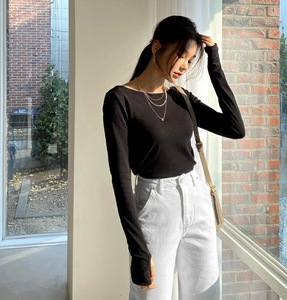 フィンガーホールTシャツ・全4色・t64725 レディース 【tops】【韓国 ファッション トップス Tシャツ 長袖 ボートネック やわらかい スリム フィット 細身 体型カバー 上品 無地 カジュアル 秋 冬】