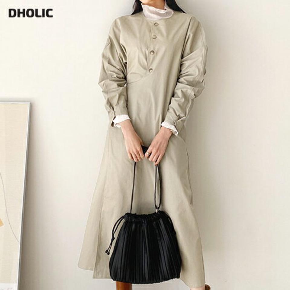 ボタンラップワンピース・全2色・t64761 レディース 【ops】【韓国 ファッション ワンピース ロング ロングワンピース 体型カバー ボタン ラップ 上品 ウエストリボン ノーカラー ラウンドネック サイドポケット カジュアル 秋 冬】