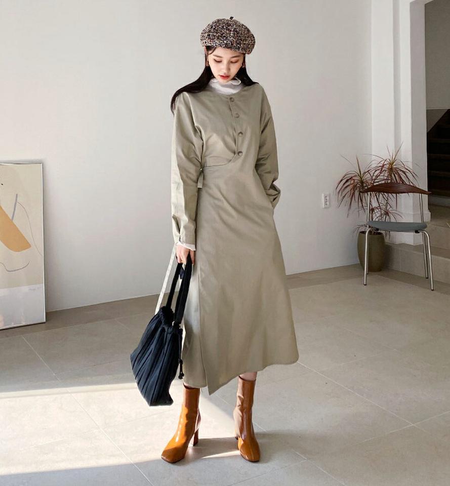 ボタンラップワンピース・全2色・t64761 レディース 【ops】【韓国 ファッション ワンピース ロング ロングワンピース 体型カバー ボタン ラップ 上品 ウエストリボン ノーカラー ラウンドネック サイドポケット カジュアル 秋 冬】