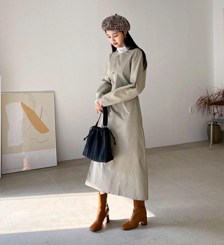 ボタンラップワンピース・全2色・t64761 レディース 【ops】【韓国 ファッション ワンピース ロング ロングワンピース 体型カバー ボタン ラップ 上品 ウエストリボン ノーカラー ラウンドネック サイドポケット カジュアル 秋 冬】