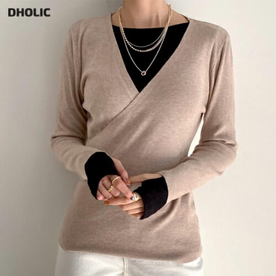 カシュクールニット・全4色・t64740 レディース 【tops】【韓国 ファッション トップス ニット 長袖 Vネック ルーズ フェミニン ラップ スリム フィット カシュクール ぼわん袖 細身 カジュアル 秋 冬】