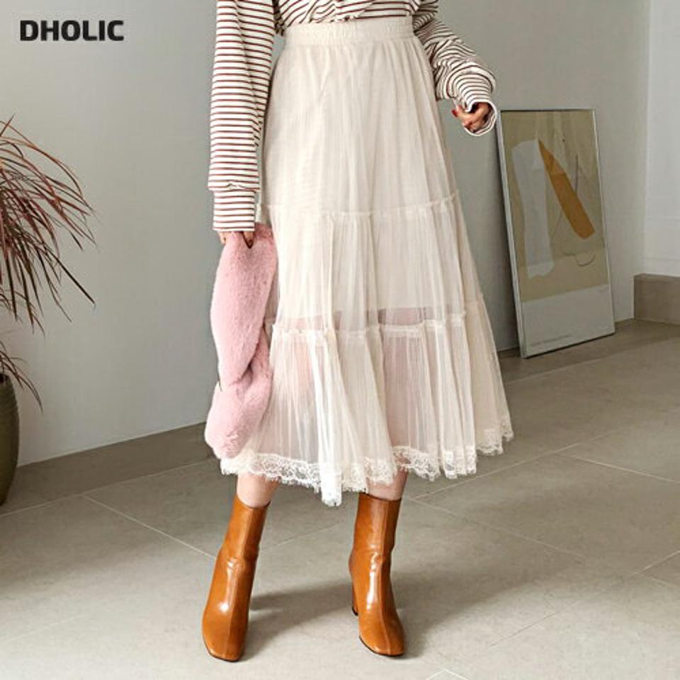 チュールレーススカート・全2色・b64735 レディース 【sk】【韓国 ファッション ボトムス スカート ロング ロングカート チュールレース ふんわり チュール フリル レース ウエストゴム フレア カジュアル 秋 冬】