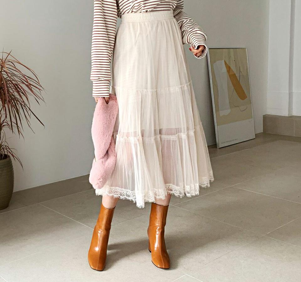 チュールレーススカート・全2色・b64735 レディース 【sk】【韓国 ファッション ボトムス スカート ロング ロングカート チュールレース ふんわり チュール フリル レース ウエストゴム フレア カジュアル 秋 冬】