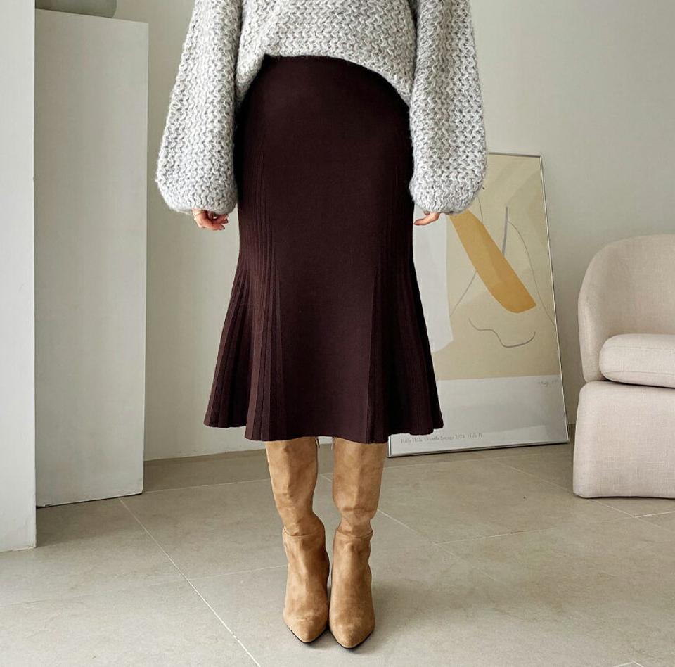 サイドプリーツマーメイドスカート・全4色・b64743 レディース 【sk】【韓国 ファッション ボトムス スカート ロング ロングカート サイドプリーツ マーメイド やわらかい ニット サイドリブ プリーツ カジュアル 秋 冬】