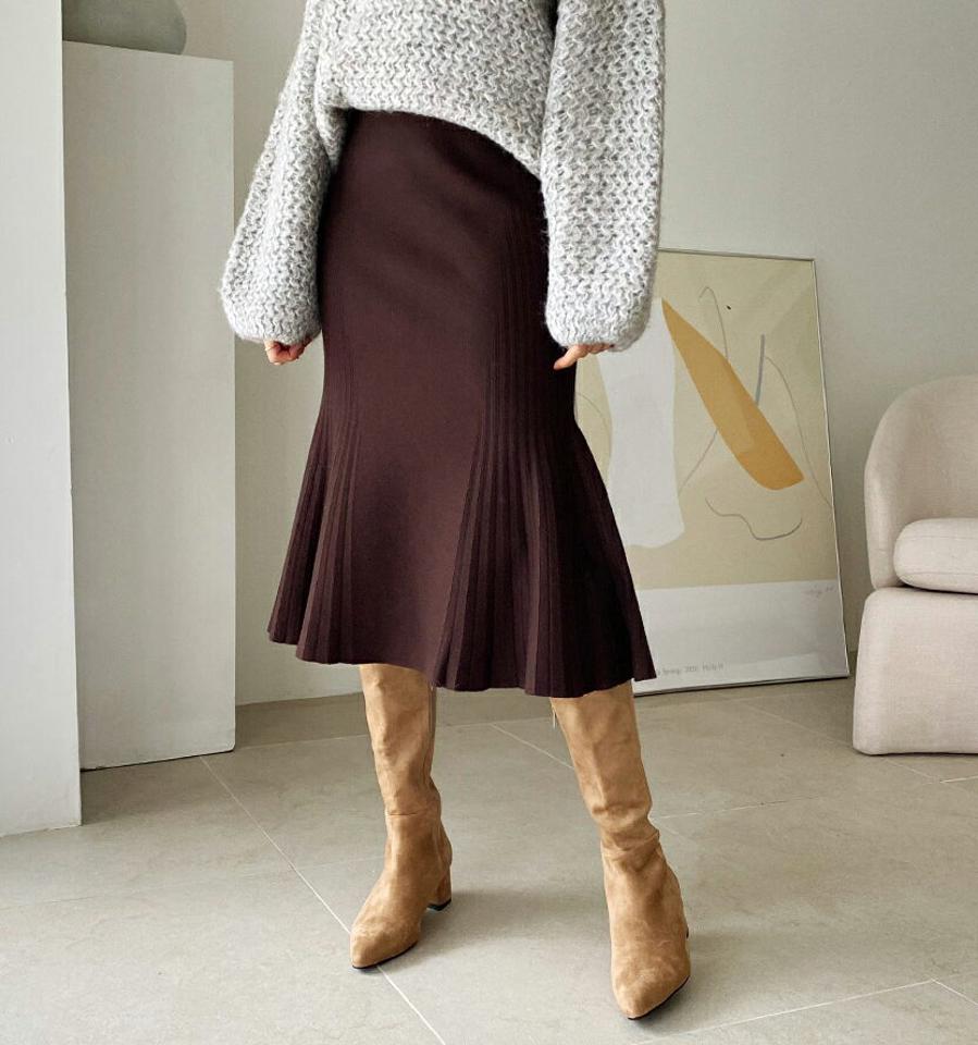 サイドプリーツマーメイドスカート・全4色・b64743 レディース 【sk】【韓国 ファッション ボトムス スカート ロング ロングカート サイドプリーツ マーメイド やわらかい ニット サイドリブ プリーツ カジュアル 秋 冬】