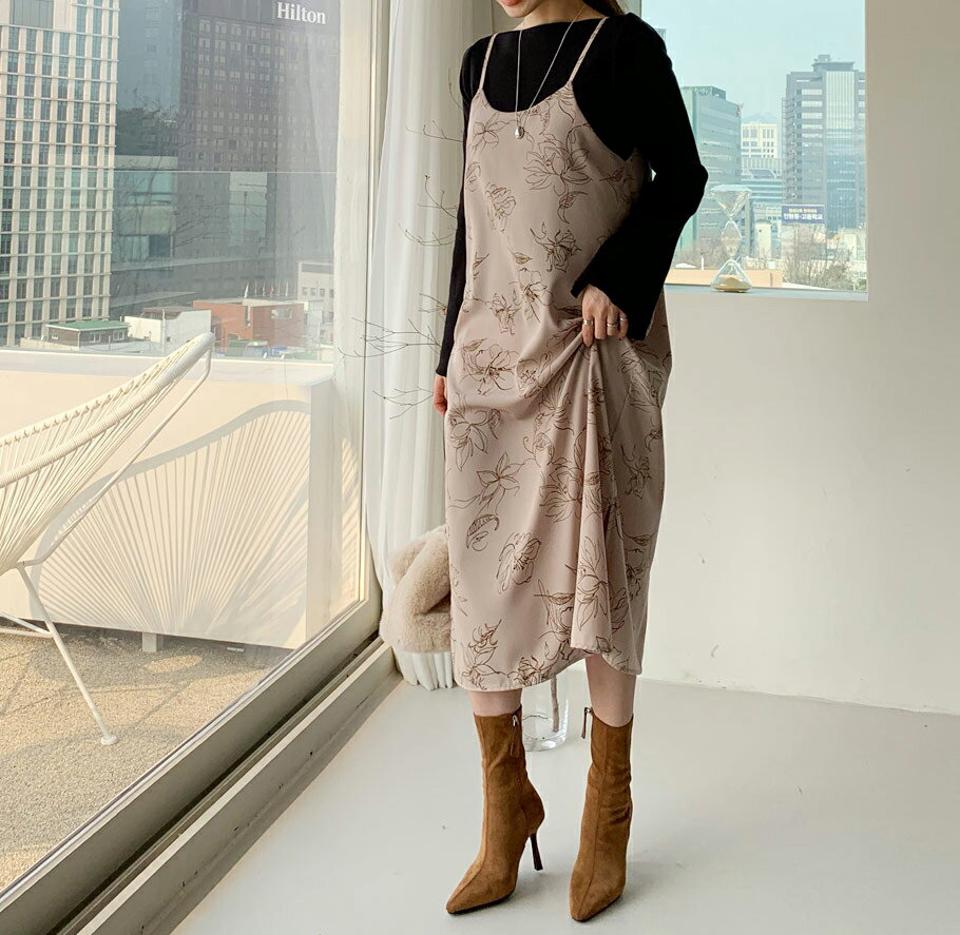 ドローイングキャミワンピース・全2色・t66162 レディース 【ops】【ワンピース ロング ロングワンピース スリーブレス ノースリーブ キャミソール 花柄 フラワー ドローイング モダン 大人 シルキー 秋 冬 韓国 ファッション】【ハイホリHIHOLLI】