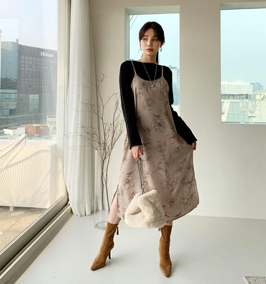 ドローイングキャミワンピース・全2色・t66162 レディース 【ops】【ワンピース ロング ロングワンピース スリーブレス ノースリーブ キャミソール 花柄 フラワー ドローイング モダン 大人 シルキー 秋 冬 韓国 ファッション】【ハイホリHIHOLLI】