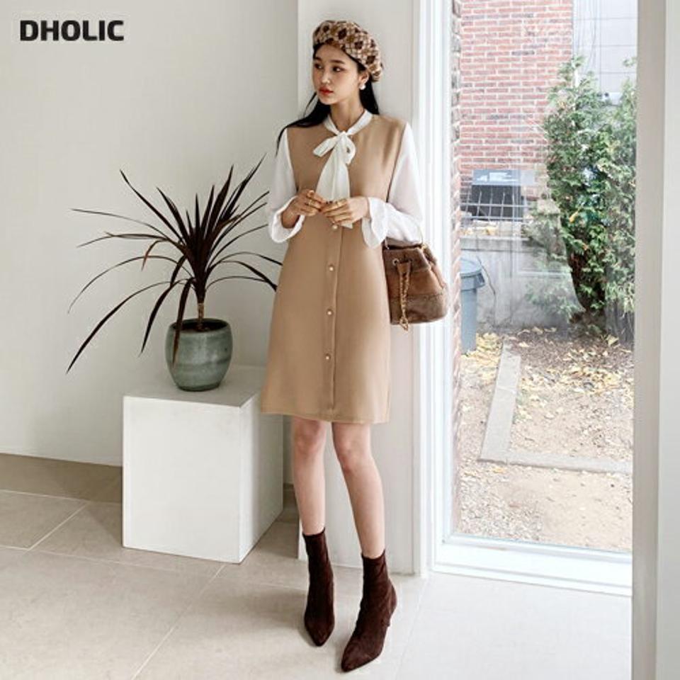 配色リボンワンピース・全2色・t64754 レディース 【ops】【韓国 ファッション ワンピース ミディ ミディワンピース 体型カバー 配色 パール ボタン ネック リボン ボタン ゴム シンプル ベーシック カジュアル 秋 冬】