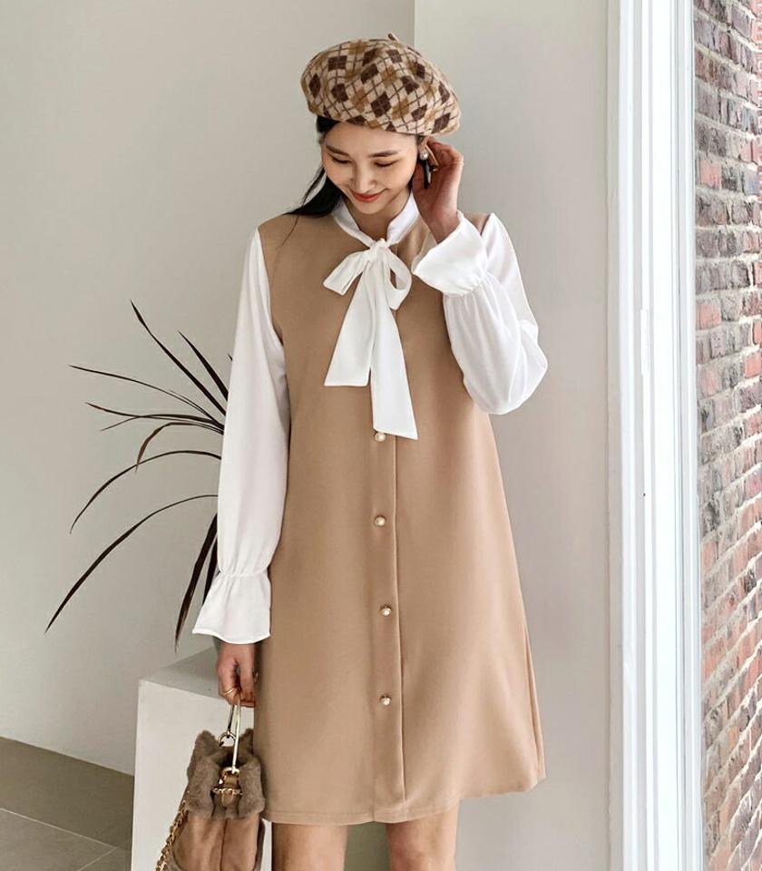 配色リボンワンピース・全2色・t64754 レディース 【ops】【韓国 ファッション ワンピース ミディ ミディワンピース 体型カバー 配色 パール ボタン ネック リボン ボタン ゴム シンプル ベーシック カジュアル 秋 冬】