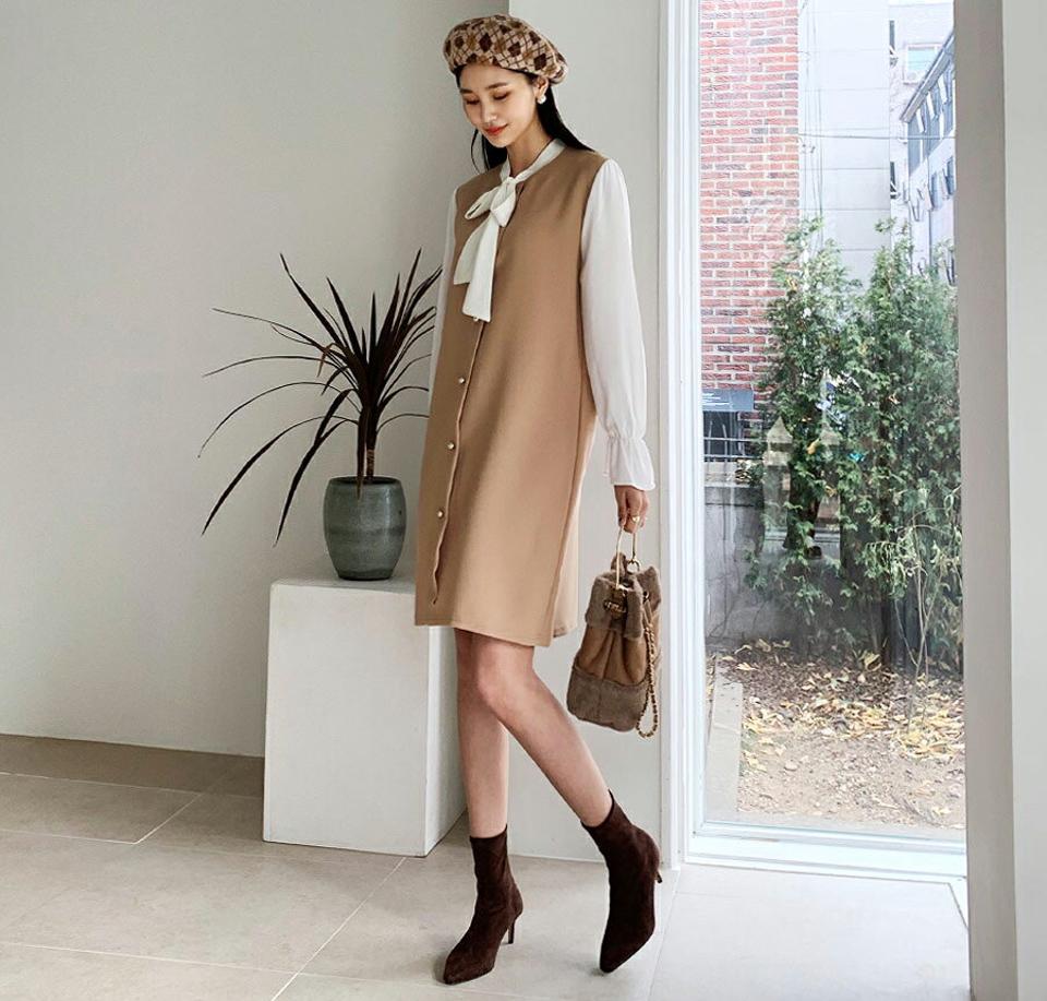 配色リボンワンピース・全2色・t64754 レディース 【ops】【韓国 ファッション ワンピース ミディ ミディワンピース 体型カバー 配色 パール ボタン ネック リボン ボタン ゴム シンプル ベーシック カジュアル 秋 冬】