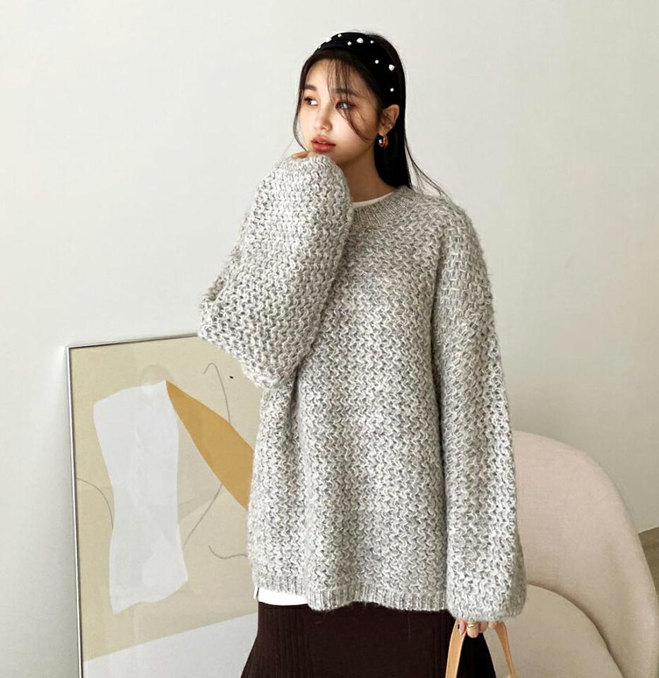 ウェーブメランジルーズニット・全2色・b64763 レディース 【tops】【韓国 ファッション トップス ニット 長袖 ウェーブ メランジ ルーズ あたたかい ラウンドネック シンプル デイリー 無地 ベーシック カジュアル 秋 冬】