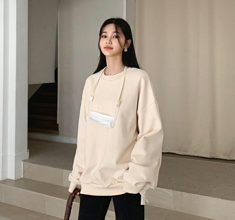 マスクストラップ付スウェット・全6色・a64737 レディース 【tops】【韓国 ファッション トップス スウェット Tシャツ カットソー 長袖 マスクストラップ スウェット 保温性 裏起毛 ラウンドネック 暖かい 無地 カジュアル 秋 冬】
