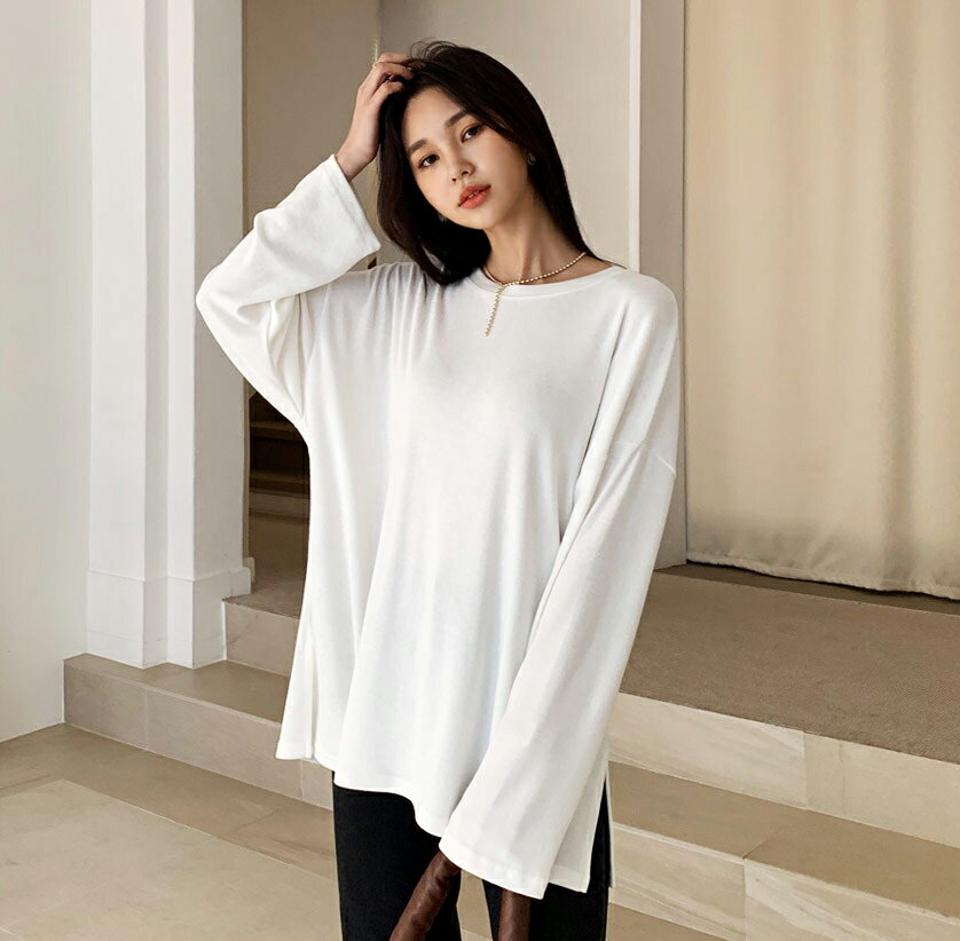ルーズスリットTシャツ・全3色・t64728 レディース 【tops】【韓国 ファッション トップス Tシャツ 長袖 ルーズ スリット ラウンドネック ゆったり ベーシック 無地 シンプル カジュアル 秋 冬】