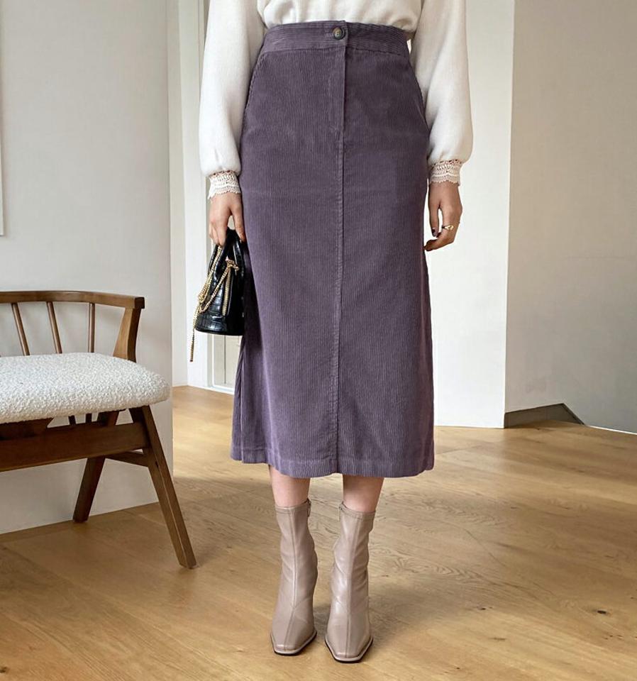 コーデュロイスリットスカート・全3色・b64749 レディース 【sk】【韓国 ファッション ボトムス スカート ロング ロングカート コーデュロイ スリット ボタン ファスナー バックゴム Hライン サイドスリット サイドポケット カジュアル 秋 冬】