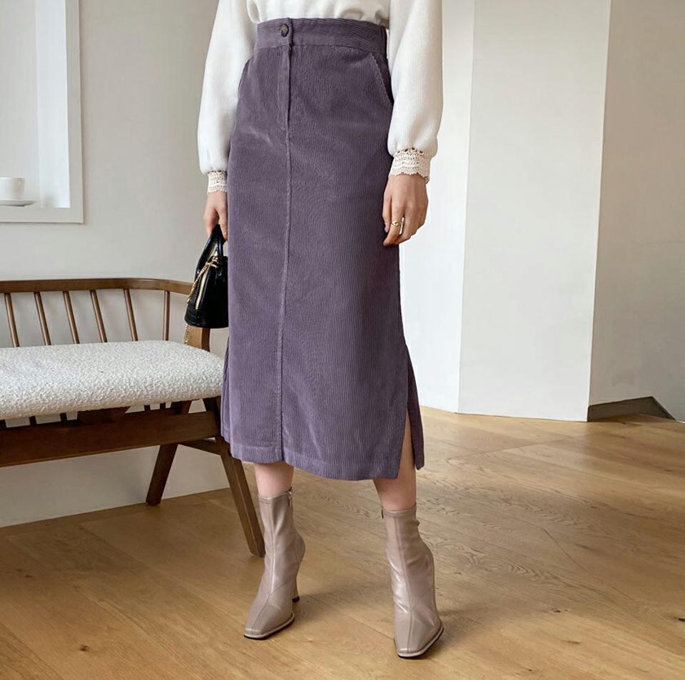 コーデュロイスリットスカート・全3色・b64749 レディース 【sk】【韓国 ファッション ボトムス スカート ロング ロングカート コーデュロイ スリット ボタン ファスナー バックゴム Hライン サイドスリット サイドポケット カジュアル 秋 冬】