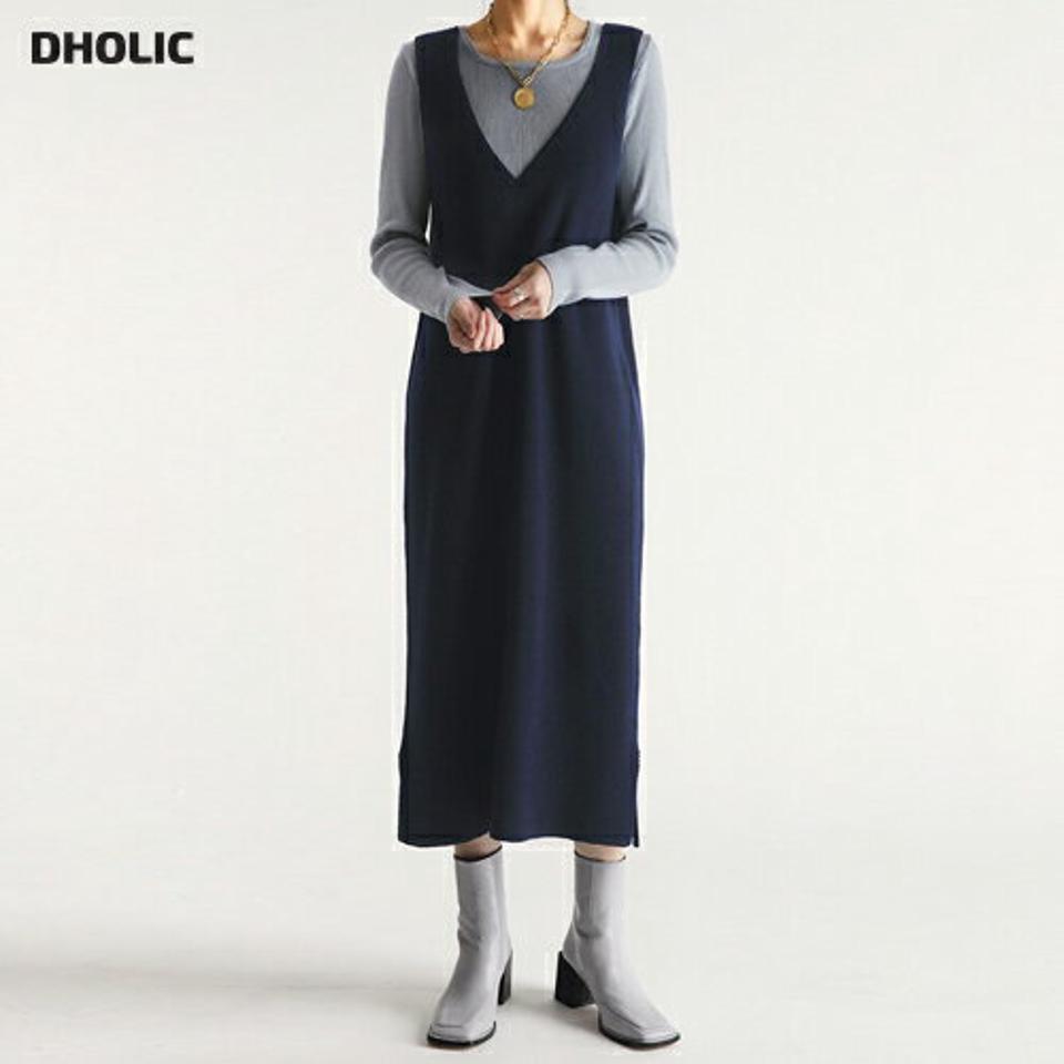 ニットノースリワンピース・全3色・t64755 レディース 【ops】【韓国 ファッション ワンピース ロング ロングワンピース 体型カバー ニットワンピース やわらかい Vネック Hライン ノースリーブ サイドスリット カジュアル 秋 冬】