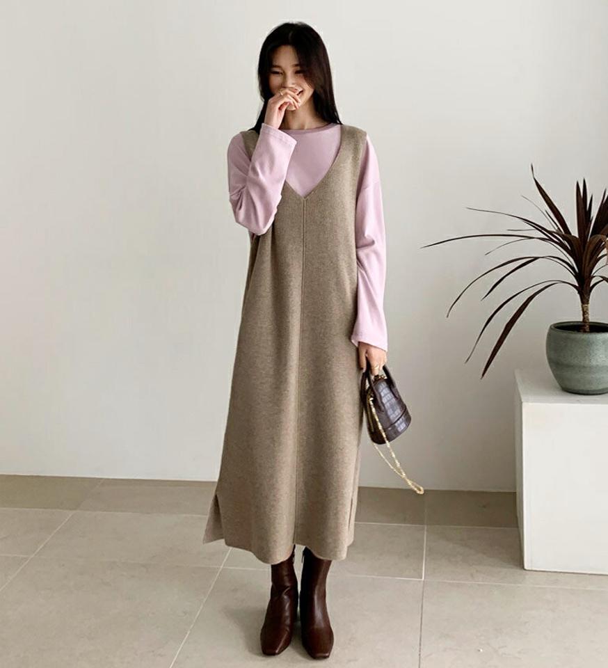 ニットノースリワンピース・全3色・t64755 レディース 【ops】【韓国 ファッション ワンピース ロング ロングワンピース 体型カバー ニットワンピース やわらかい Vネック Hライン ノースリーブ サイドスリット カジュアル 秋 冬】
