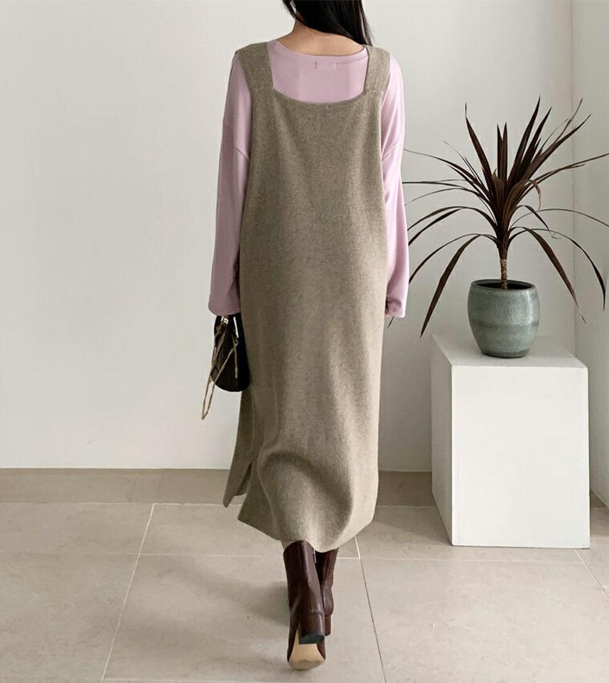ニットノースリワンピース・全3色・t64755 レディース 【ops】【韓国 ファッション ワンピース ロング ロングワンピース 体型カバー ニットワンピース やわらかい Vネック Hライン ノースリーブ サイドスリット カジュアル 秋 冬】