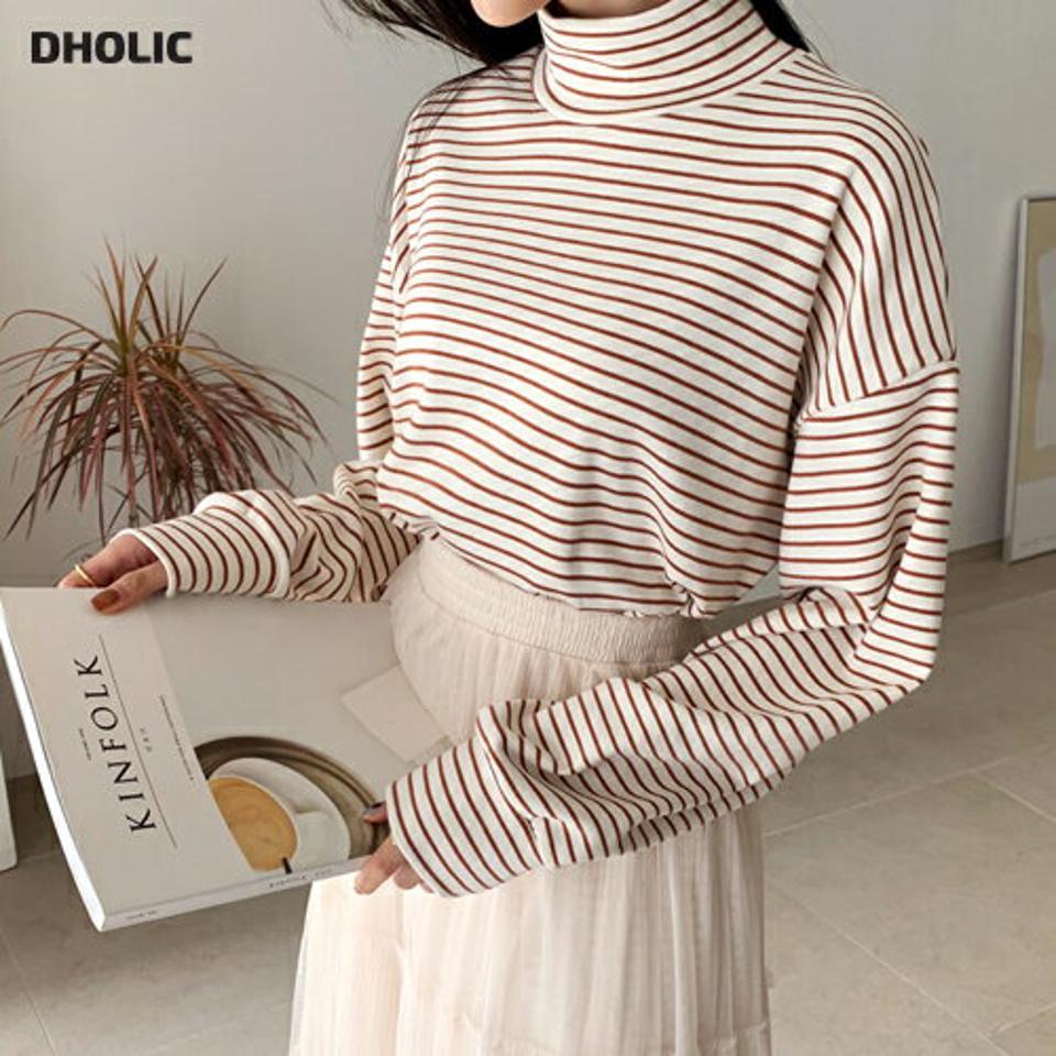 ハイネックボーダーTシャツ・全3色・t64734 レディース 【tops】【韓国 ファッション トップス Tシャツ 長袖 ハイネック ボーダー カジュアル ハーフネック ストライプ ベーシック カジュアル 秋 冬】